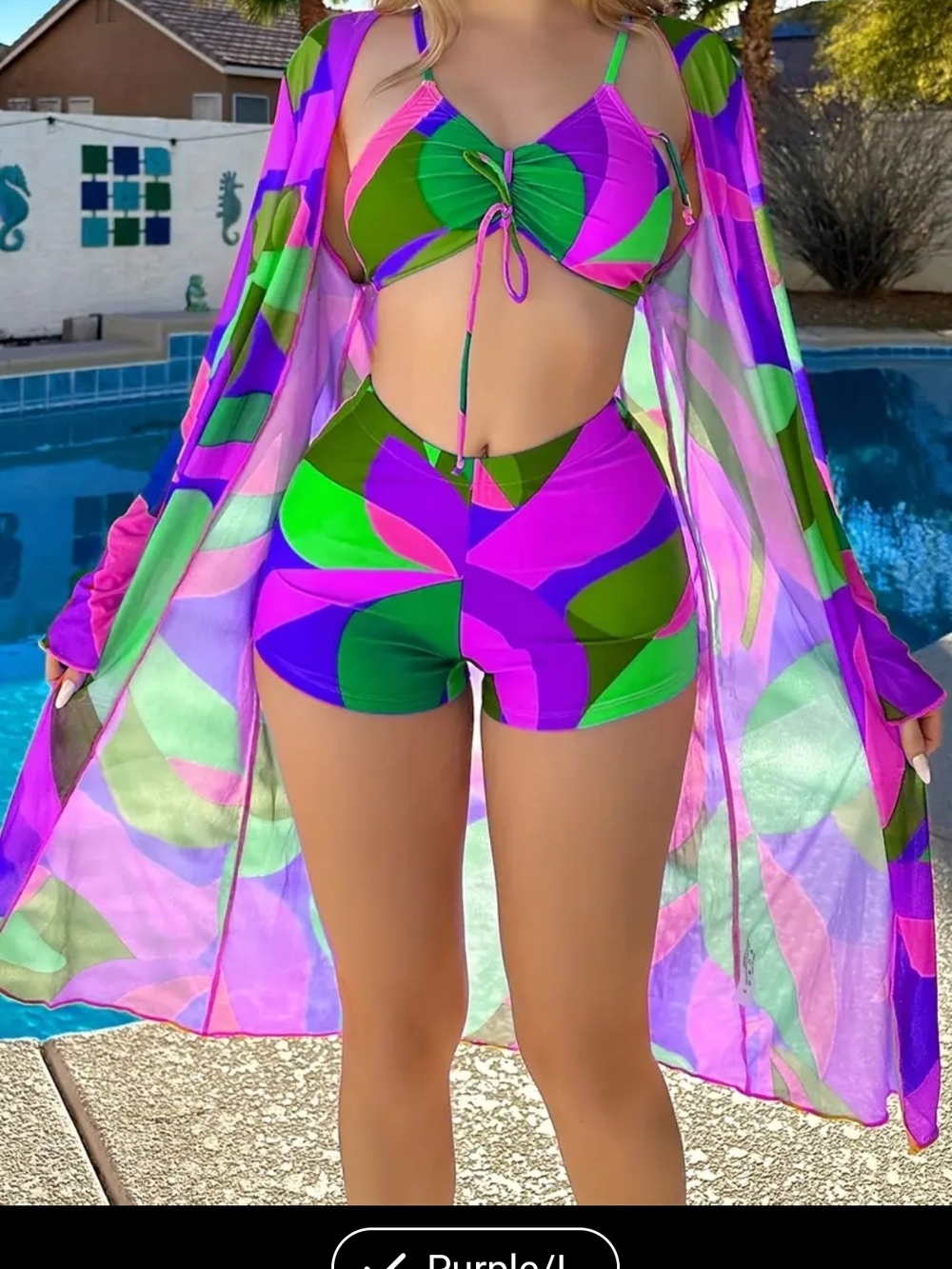 Stunning Purple & Green 3-Piece Swimsuit Set with Matching Kimono - Size L